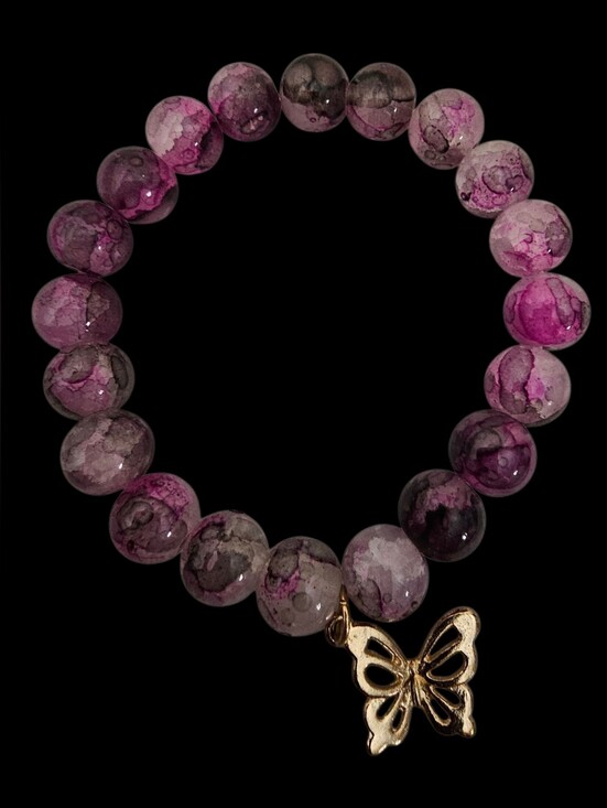 Jewelry - Gold Butterfly Charm Purple Bead Stretch Bracelet - NWOT